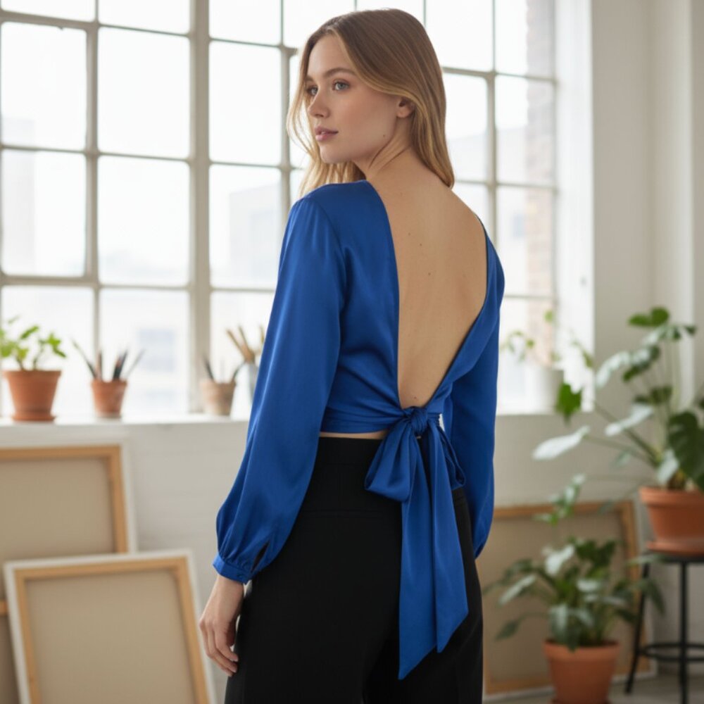 NWOT ZARA OPEN BACK SATIN EFFECT BLOGGERS FAVE ROYAL BLUE CROP TOP